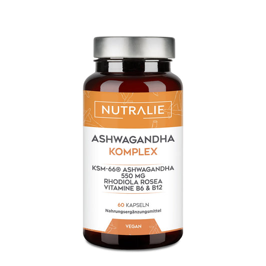 Ashwagandha KSM-66 610mg - Rhodiola Rosea + 5% withanolīdi + Vit B6 B12 + Withania Somnifera - 60 vegānās kapsulas Nutralie