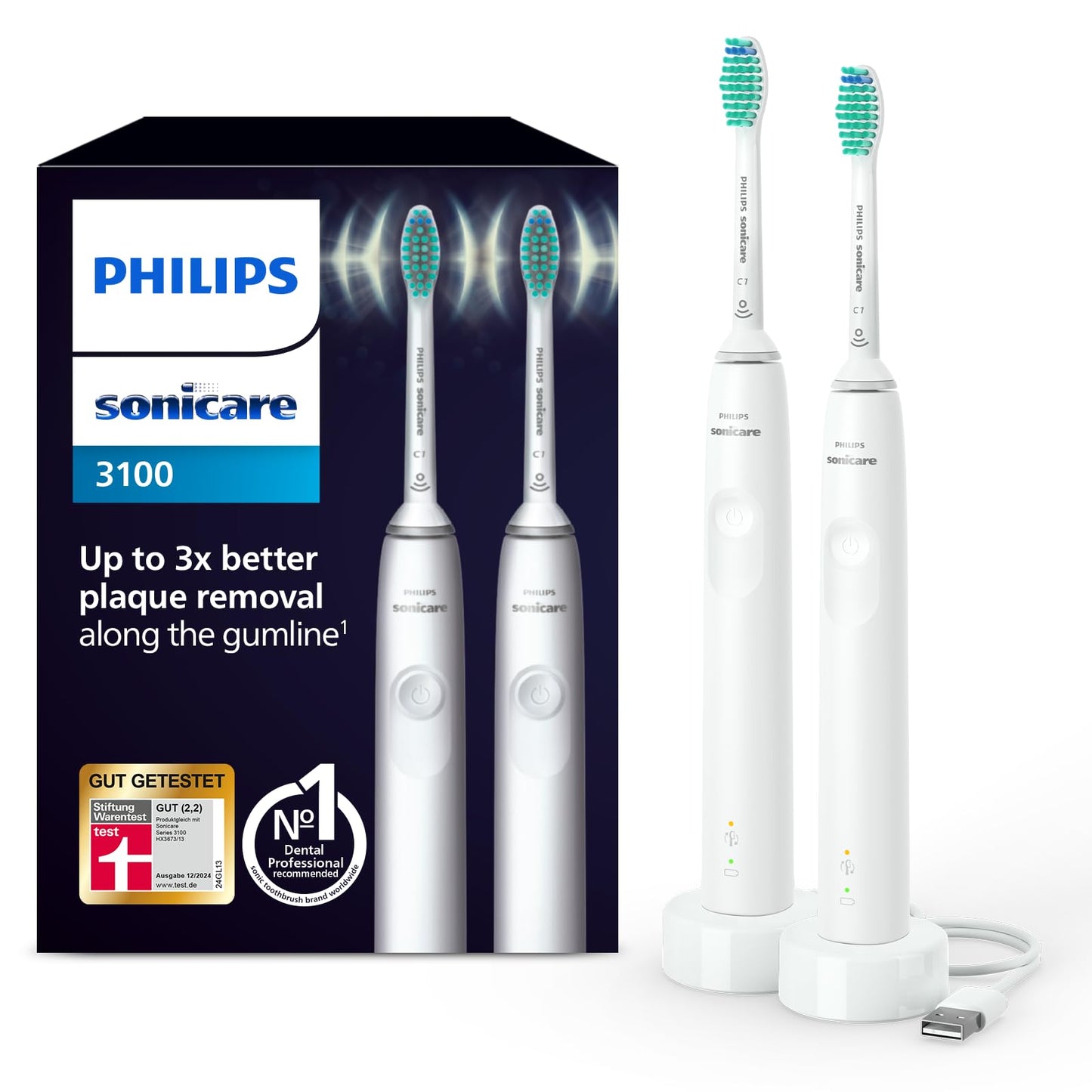 Philips Sonicare 3100 elektriskā zobu birste, skaņas zobu birste, spiediena kontrole un taimeris, balta, divu iepakojums, modelis HX3675/13
