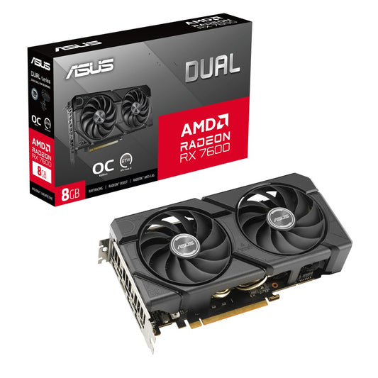 ASUS Dual Radeon RX 7600 EVO OC Edition - 8GB GDDR6, PCIe 4.0, 1x HDMI 2.1, 3x DisplayPort 1.4a, optimized for gaming.