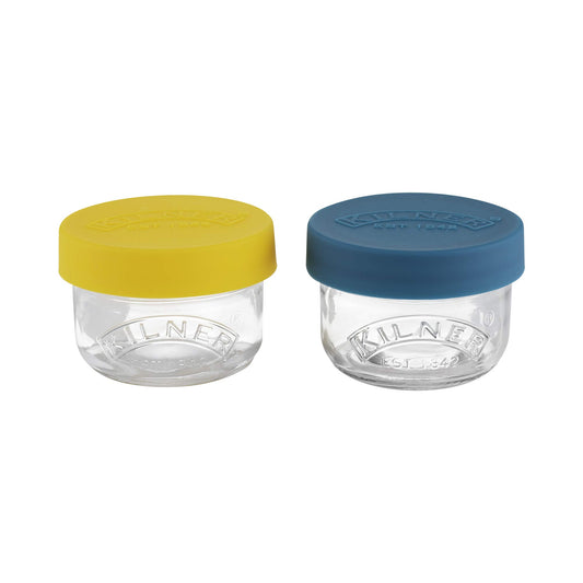 KILNER mazuļu burciņas - hermētiskas stikla trauki ar silikona vāku, 2×125 ml, ideāli uzkodām un pārvadāšanai.