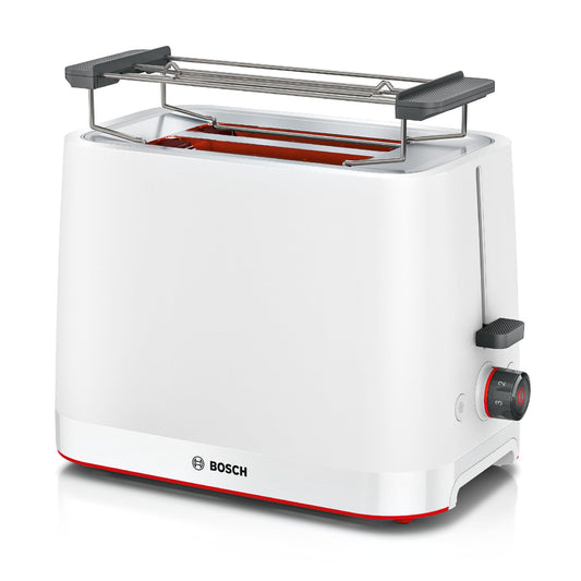 Bosch Kompakt tosteris MyMoment TAT3M121, noņemams salokāms maizes uzgaļs, ar atkausēšanas funkciju, automātisko izslēgšanos, pacelšanas funkciju, maizes centrēšanu, ideāli piemērots 2 šķēlēm, 800 vati, balts matēts.