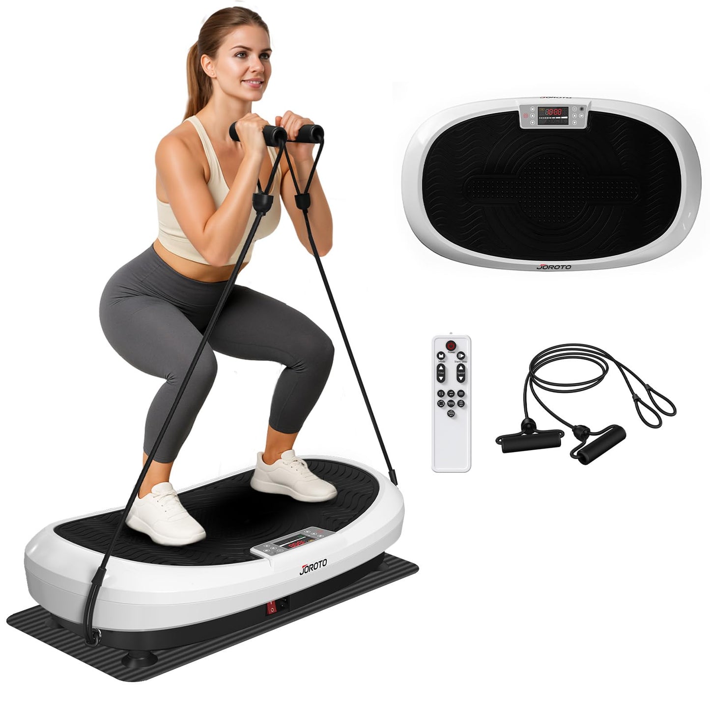 Vibrācijas platforma JOROTO 4D mājām, 3 jaudīgi motori, profesionāls visa ķermeņa treniņš, 10 režīmi, taimeris, līdz 158kg, klusa un neslīdoša