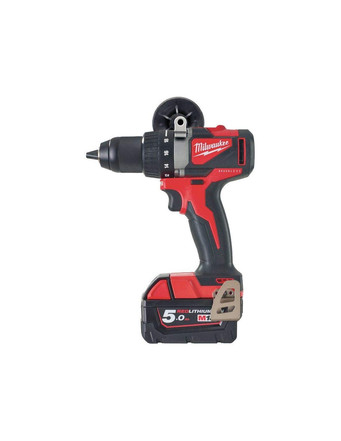 Milwaukee M18 BLDD2-502X - 18V cordless drill with 2x 5.0Ah batteries and charger, ideal for heavy-duty tasks.