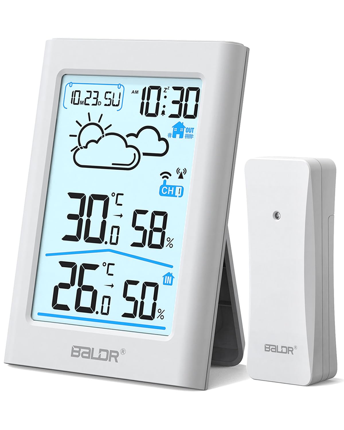 BALDR laikapstākļu stacija ar āra sensoru, digitāls DCF radio pulkstenis, termometrs iekštelpām un ārtelpām, temperatūras un mitruma mērītājs, telpas termometrs, higrometrs, laikapstākļu prognoze, modinātājs