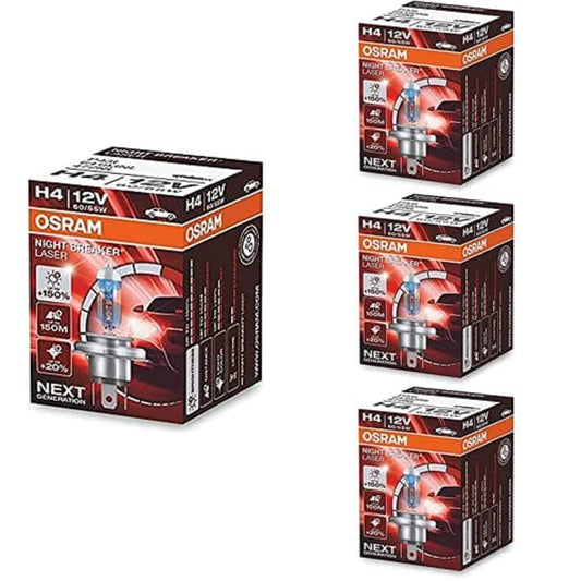 Osram NIGHT BREAKER LASER H4, 150% vairāk gaismas, halogēna tālās gaismas spuldze, 64193NL, 12V PKW, salokāma iepakojums (1 spuldze), 4 gab. iepakojums