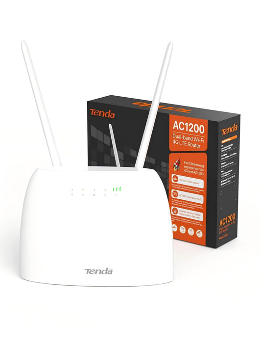 Tenda 4G06 4G Volte WLAN maršrutētājs SIM kartēm (150 Mbit/s lejupielādē, 50 Mbit/s augšupielādē, 300 Mbit/s 2,4GHz), 2 noņemamas antenas, Plug & Play, nav SIM bloķēšanas, LAN/WAN ports un Tel ports, balts