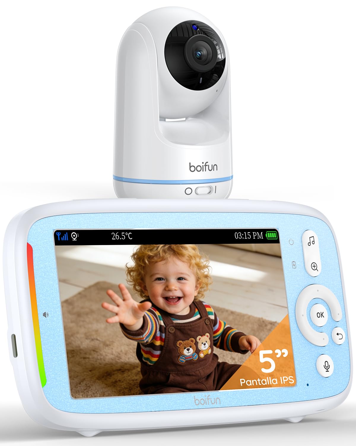 BOIFUN bērnu kamera ar kameru – 5" IPS ekrāns, 3x tālummaiņa, nakts redzamība, 360° rotācija, bez WiFi, VOX, divvirzienu audio