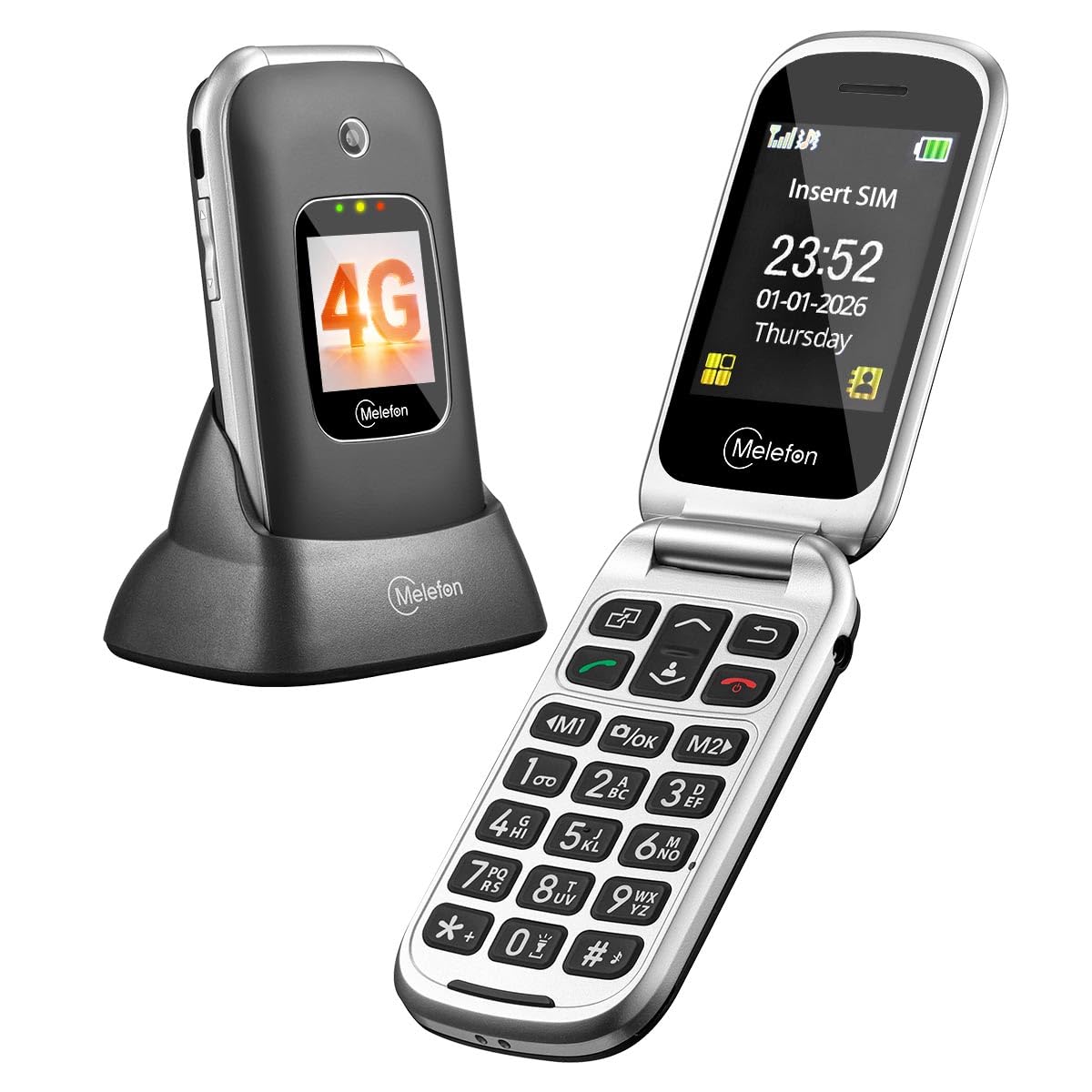 Senioru mobilais telefons Melefon 4G, saliekamais telefons bez līguma, ar lielām pogām un SOS avārijas funkciju, 2,4+1,44 collu dual display, uzlādes staciju, FM radio