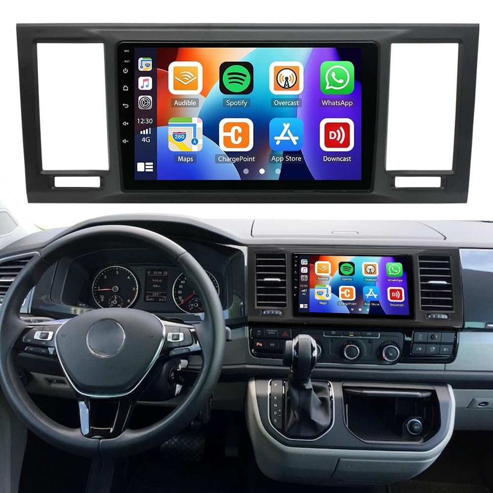 Autoradio VW T6 Transporter Multivan 2016-2022 4G+64G Android 14, Doppel-Din, CarPlay un Android Auto, Bluetooth, 9 Zoll HD skārienekrāns, FM/RDS, GPS, WLAN, atpakaļskata kamera, mikrofons