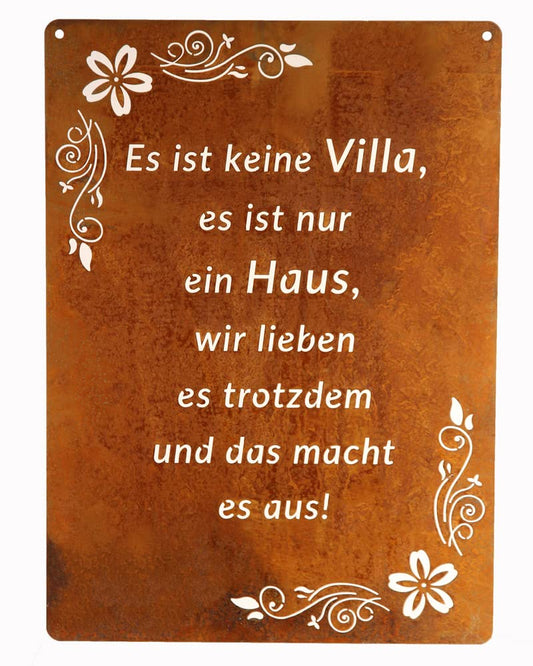 Rūsējoša dārza zīme ar uzrakstu, pakarināma, Edelrost, 29x21cm, Es ist keine Villa