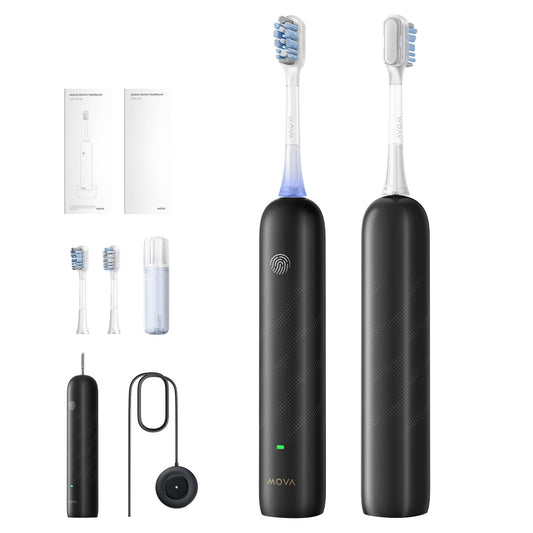 MOVA Fresh Pro 3DClean™ Elektriskā zobu birste ar lietotni, skaņas zobu birste pieaugušajiem, 2 birstes galvas un ceļojumu maciņš, 3-in-1 rezerves birstes galva ar turētāju, 30 dienu akumulatora darbības laiks, melna