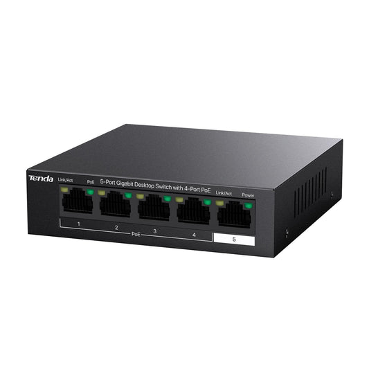 Tenda PoE slēdzis 5 portu Gigabit LAN slēdzis ar 4 PoE+ portiem, 58W PoE budžets