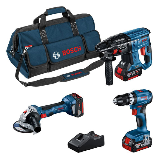 Bosch Professional 18V kombinētais komplekts - GSB 18V-45, GBH 18V-21, GWS 18V-7, 3x GBA 18V 4.0Ah akumulatori, ātrā uzlāde.