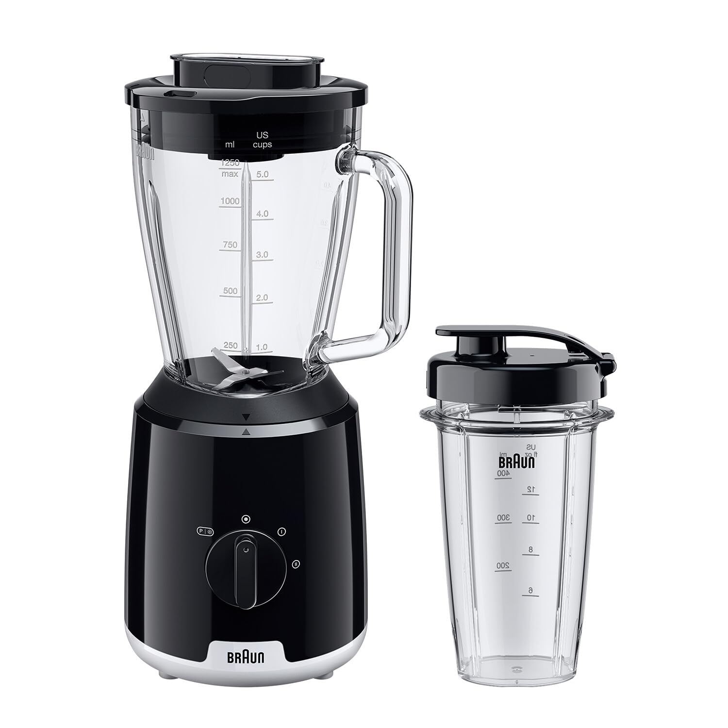 Braun PowerBlend 1 JB1051BK - 1.5L glass jar, To-Go cup, ice crushing, 2 speeds, black countertop blender.