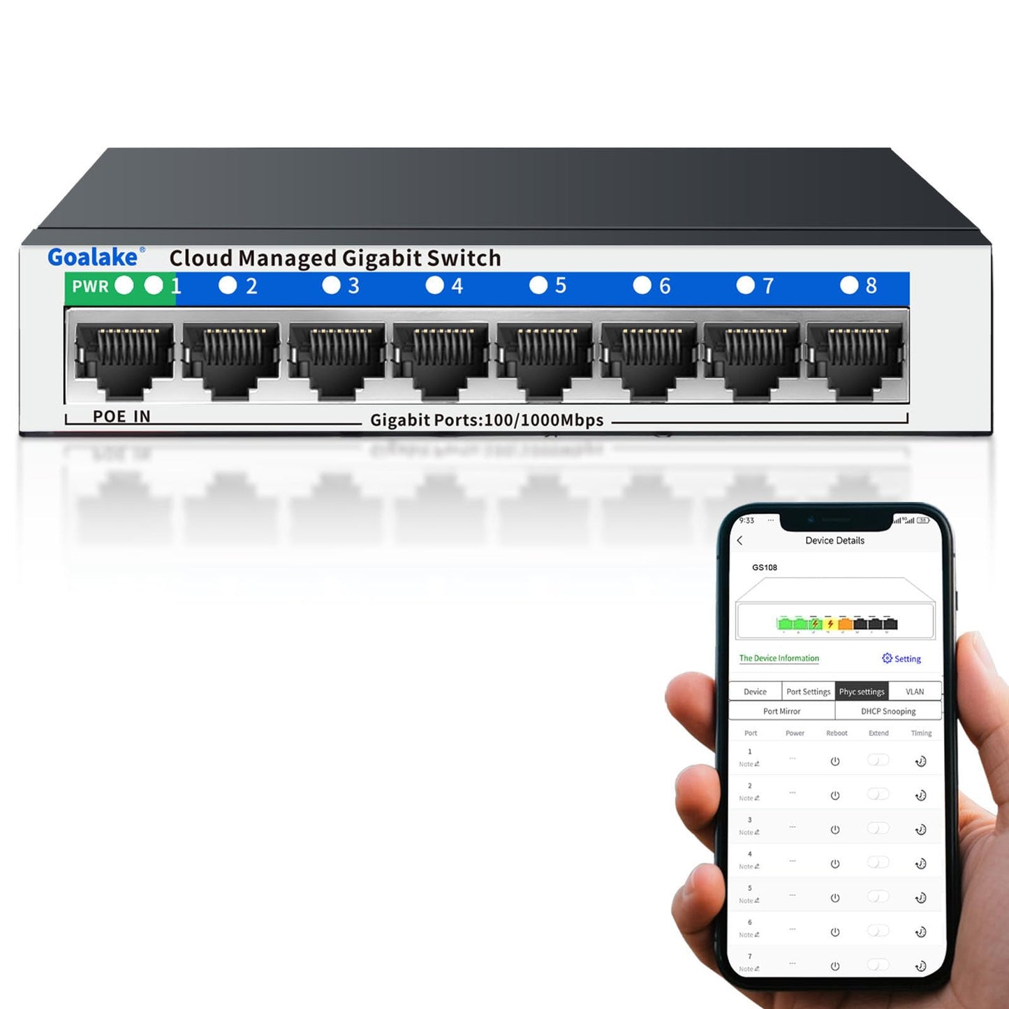8 portu Gigabit Ethernet tīkla slēdzis ar QoS, VLAN, DHCP Snooping, lietotnes attālinātu vadību un tīmekļa saskarni, darbvirsmas/sienas stiprinājums, mājai un birojam