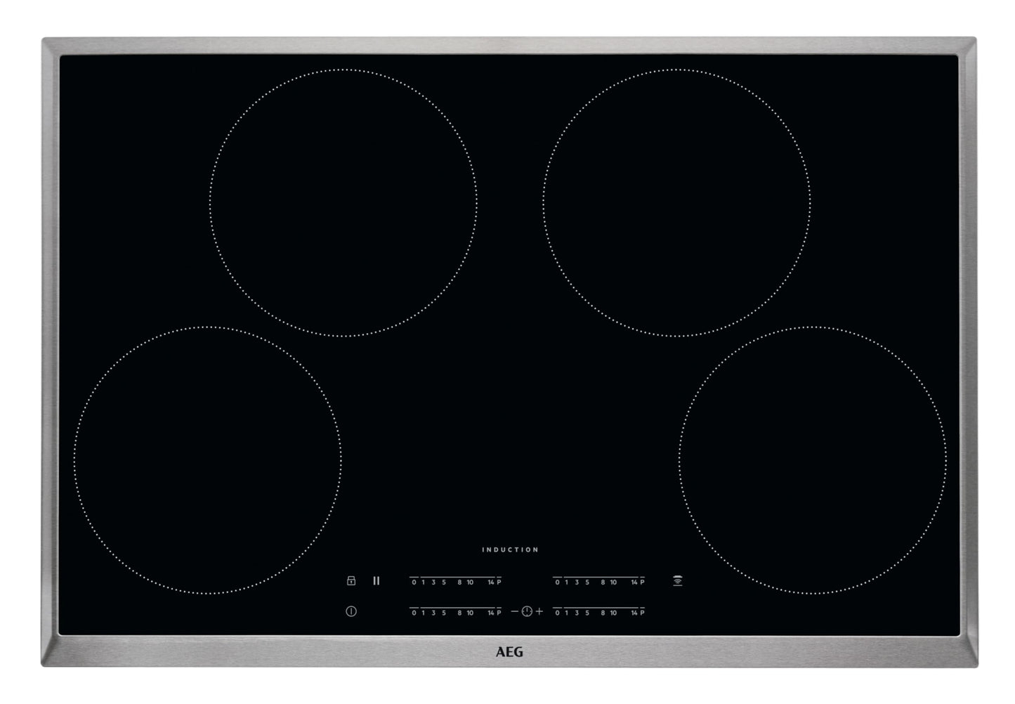 AEG IKB8443AXB Autonomā plīts virsma / Indukcija / Hob²Hood / Slīdņa vadība / 80 cm / Nerūsējošā tērauda rāmis / 4 vārīšanas zonas / Jaudas funkcija / Bērnu drošība