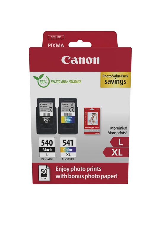 Canon PG540 L CL541 XL tintes kasetnes - melna L, krāsa XL, oriģināls, 50 loksnes 10x15cm foto papīrs, videi draudzīgs iepakojums.