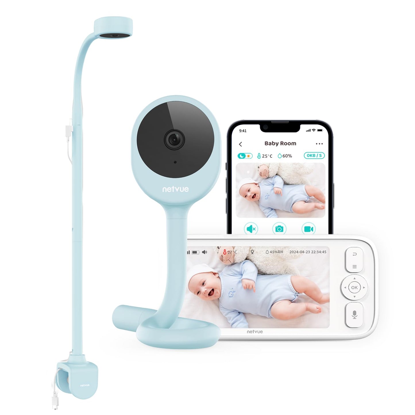 Bērnu monitors ar kameru NETVUE Blau – bezvadu 5" mazuļa uzraudzības ierīce, 1080P, lietotne, nakts redzamība un divvirzienu audio