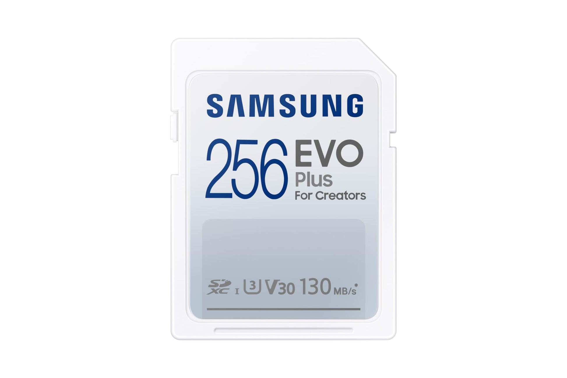 Samsung EVO Plus SD Karte - 256 GB, UHS-I U3, 130 MB/s, ideāla spoguļkamerām un sistēmas kamerām.