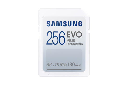 Samsung EVO Plus SD Karte - 256 GB, UHS-I U3, 130 MB/s, ideāla spoguļkamerām un sistēmas kamerām.