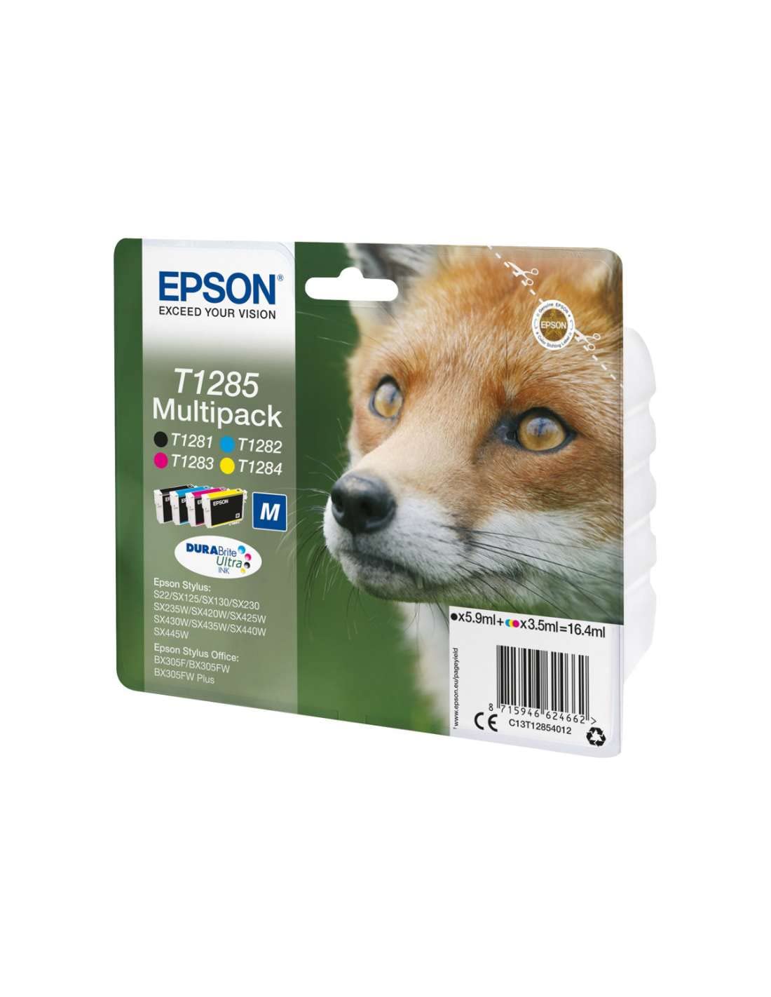 Epson Durabrite Ultra T1285 multipack - black, yellow, magenta, cyan ink cartridges for vibrant, long-lasting prints.