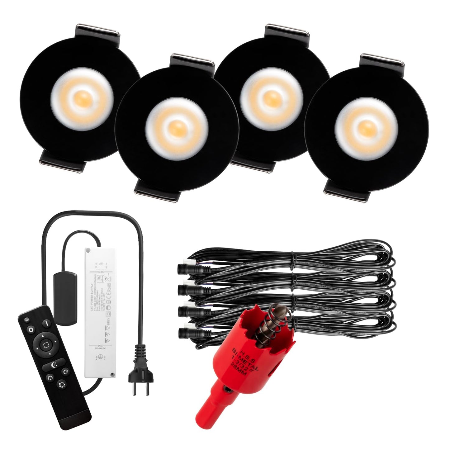 S-Polytec PREMIUM mini LED iebūvējamie spoti silti balti 3.000K, dimmējami, IP65, bezvadu 3W ar tālvadību, melns, 4x LED komplekts