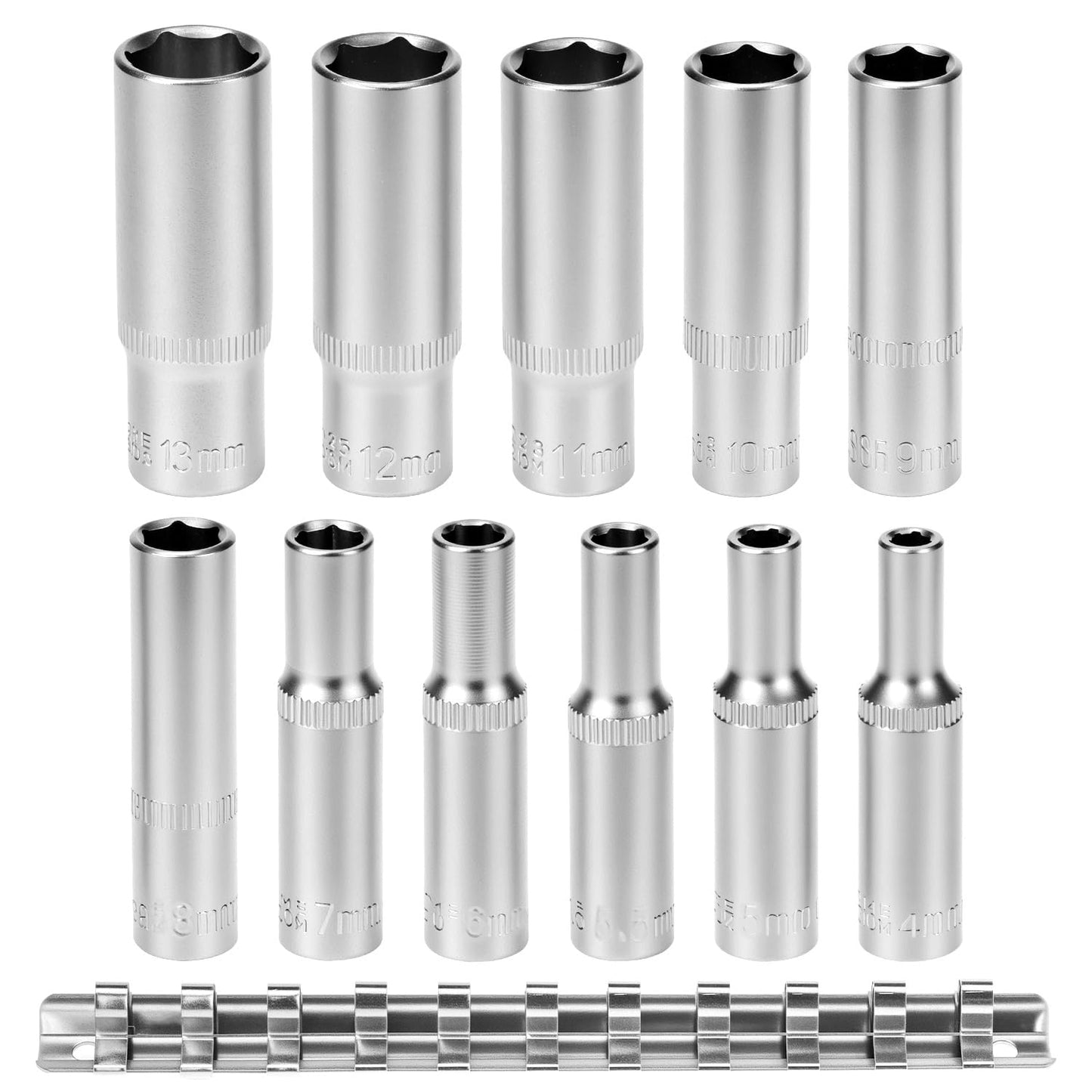 Galvas atslēgu komplekts QWORK® 11 gab., 4-13 mm, 1/4" sešstūra garās galvas, hroma-vanādija tērauds