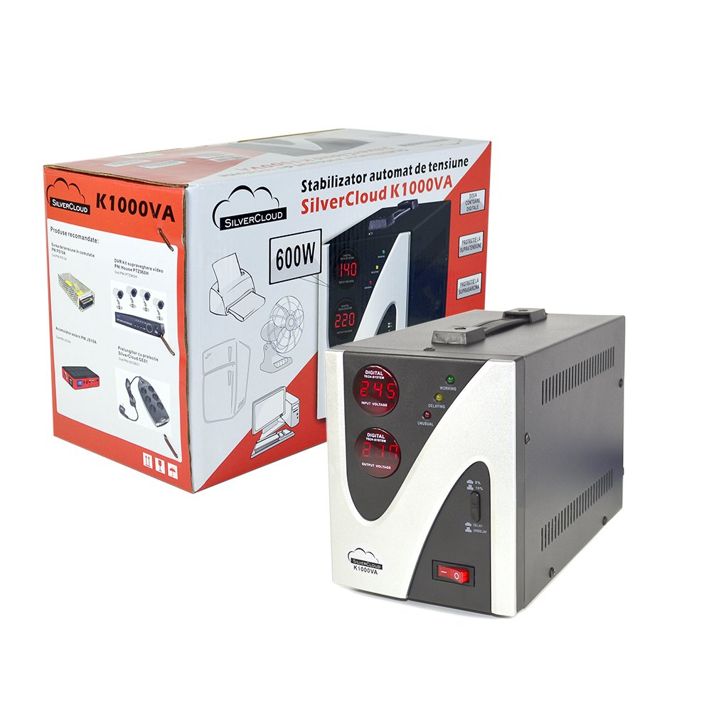 SilverCloud Sprieguma stabilizators 1000VA 600W - Compact voltage stabilizer for reliable power protection.