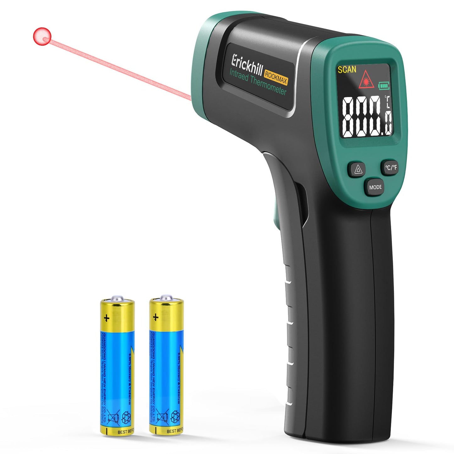 Infrasarkanais termometrs ERICKHILL -50℃~800℃, bezkontakta digitālais lāzera temperatūras mērinstruments ar LCD displeju, regulējamu emisijas koeficientu ēdiena gatavošanai, grilēšanai, saldēšanai un rūpniecībai