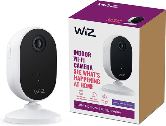 WiZ iekštelpu kamera, drošības kamera ar nakts redzamību, audio, kustību un skaņas atpazīšanu, viedā vadība caur Wi-Fi ar balsi/lietotni, balta