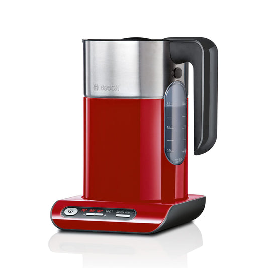 Bosch Styline TWK8614P - 1.5L kettle with automatic shut-off, overheating protection, temperature selection, and keep warm function.
