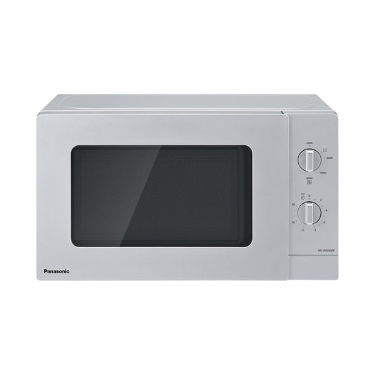 Panasonic NN-SM23QMEPG 20L solo mikroviļņu krāsns ar stikla trauku, 800 W, atkausēšanas iestatījums, 5 jaudas līmeņi, rotējošs regulators, kompakts dizains, taimeris, sudraba krāsā.