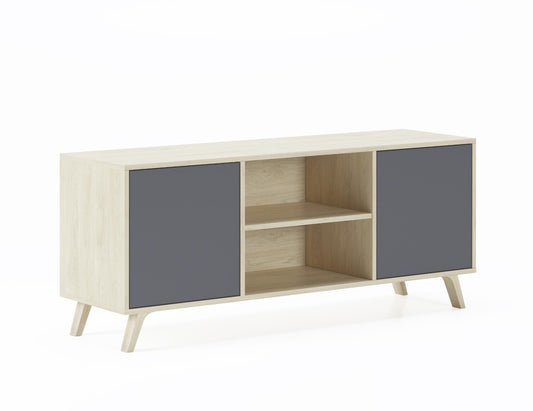 Skraut Home – TV skapītis viesistabai – 57 x 140 x 40 cm – piemērots 32/40/50/55/60 collu televizoriem – modelis Wind 140 – Puccini – 2 durvis, pelēkā krāsā