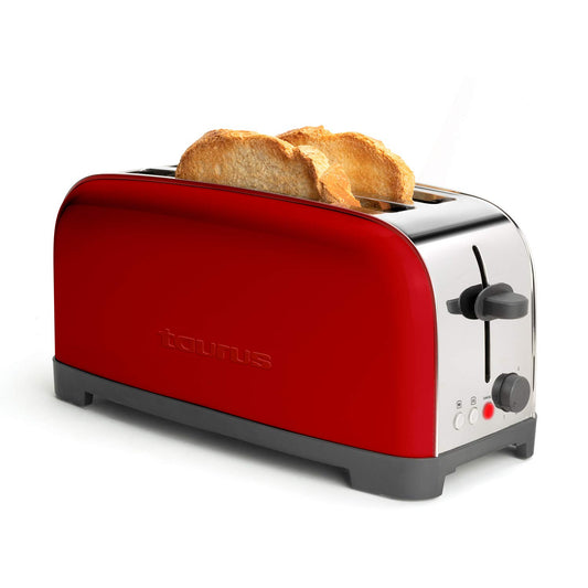 Taurus Vintage Red - Toasteris, 1400W, 6 grauzdēšanas pakāpes, divas paplašinātas slits ar regulējamu platumu, funkcijas: apstāšanās, uzsildīšana un atkausēšana, automātiska maizes centrēšana, nerūsējošais tērauds