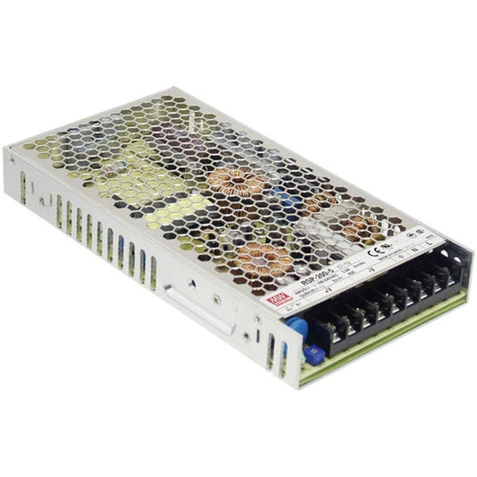 Mean Well RSP-200-5 - 200W metal power supply, 88-264V input, active PFC, 8ms response time, 85.5% efficiency.