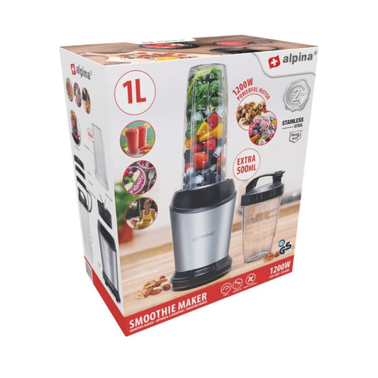 Alpina Smoothie Maker 1200 W - 1L mikseris ar 500 ML krūzi, noņemami nerūsējošā tērauda asmeņi, neslīdoša pamatne, sudrabs.