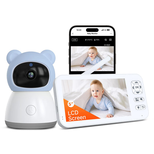 Bērnu monitors ar kameru ACEBELL 2K/3MP, 5" WLAN video baby monitors ar lietotni, PTZ 360° kustību izsekošana, IR nakts redzamība, raudāšanas/kustības/trokšņa noteikšana, temperatūras noteikšana, lietotnes vadība