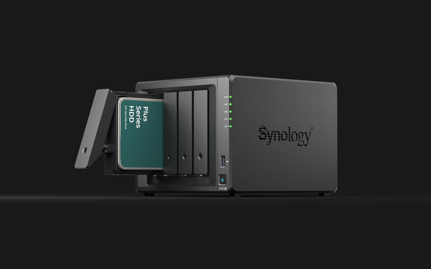 Synology DS923+ NAS - 4-Bay, AMD Ryzen R1600, 4GB RAM, 32TB with 4x HAT3310-8T, dual 1GbE LAN ports.