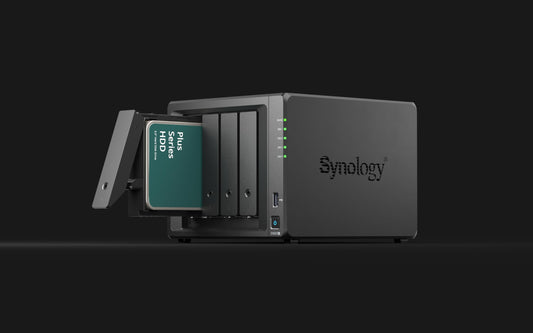 Synology DS923+ NAS - 4-Bay, AMD Ryzen R1600, 4GB RAM, 32TB with 4x HAT3310-8T, dual 1GbE LAN ports.