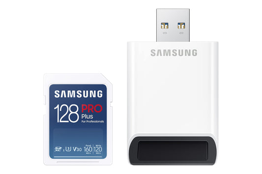 Samsung PRO Plus SD Karte - 128 GB, UHS-I U3, 160 MB/s lasīšana, 120 MB/s rakstīšana, iekļauts USB karšu lasītājs
