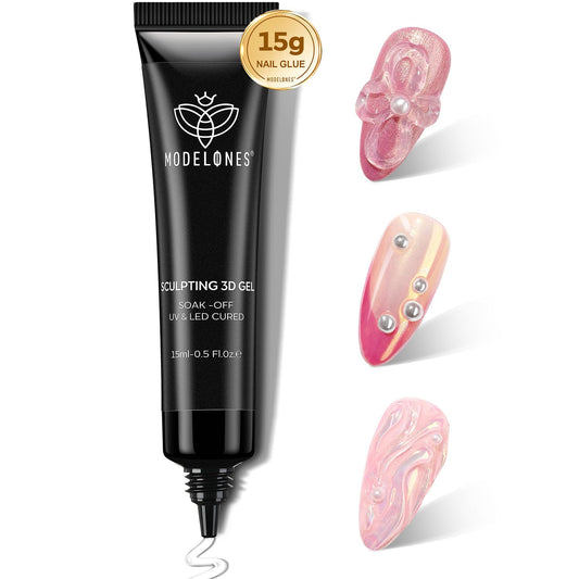 3D gēls nagiem Modelones 3D Gel Nail Art, 15 g, 4 vienā skulptūru nagu gēls, daudzfunkcionāls nagu rhinestone, chrome pulvera un naglu dekoru līmei