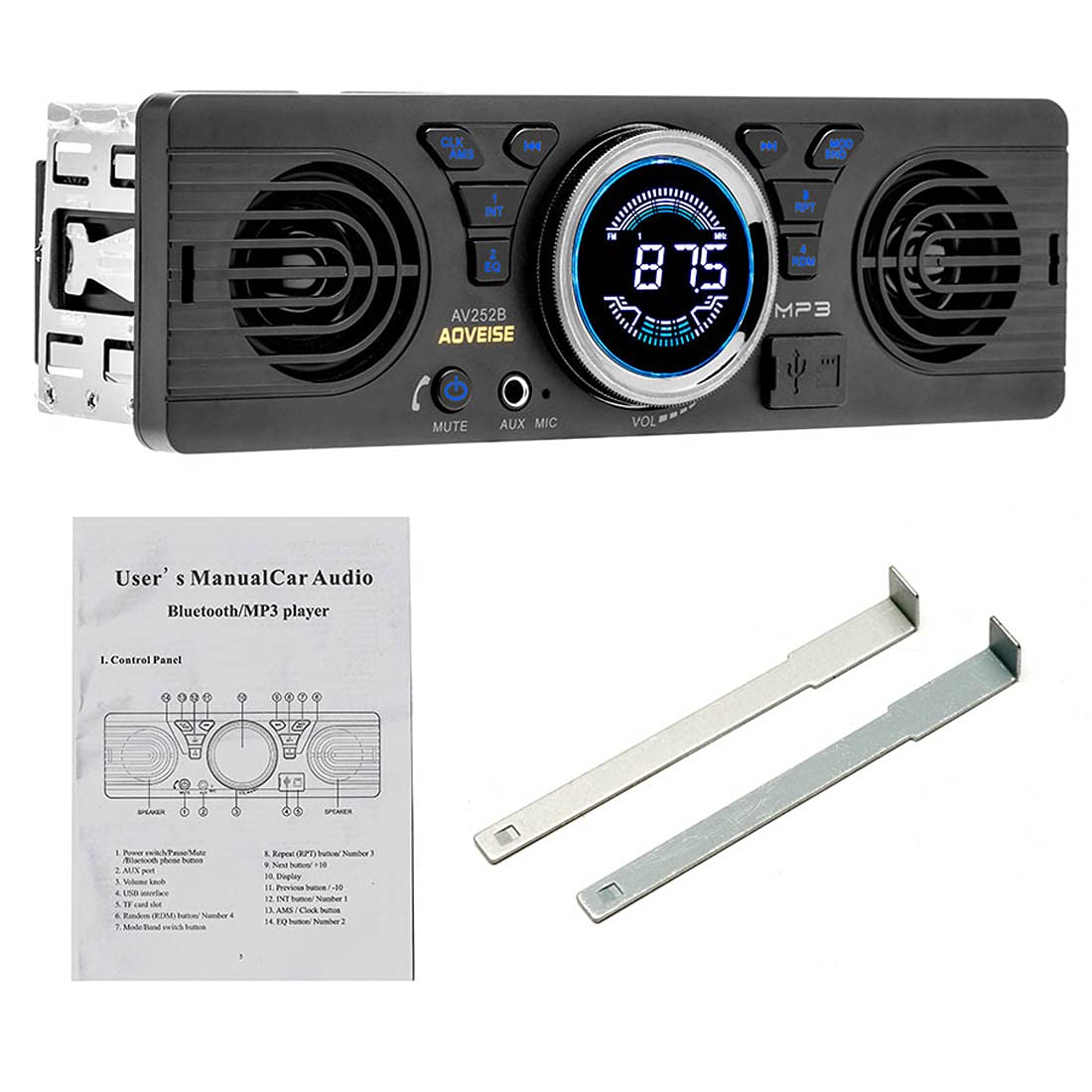 1 din autoradio DONGMAO AV252 Bluetooth brīvroku sistēma stereo FM 2 iebūvēti skaļruņi USB SD AUX audio atskaņošana