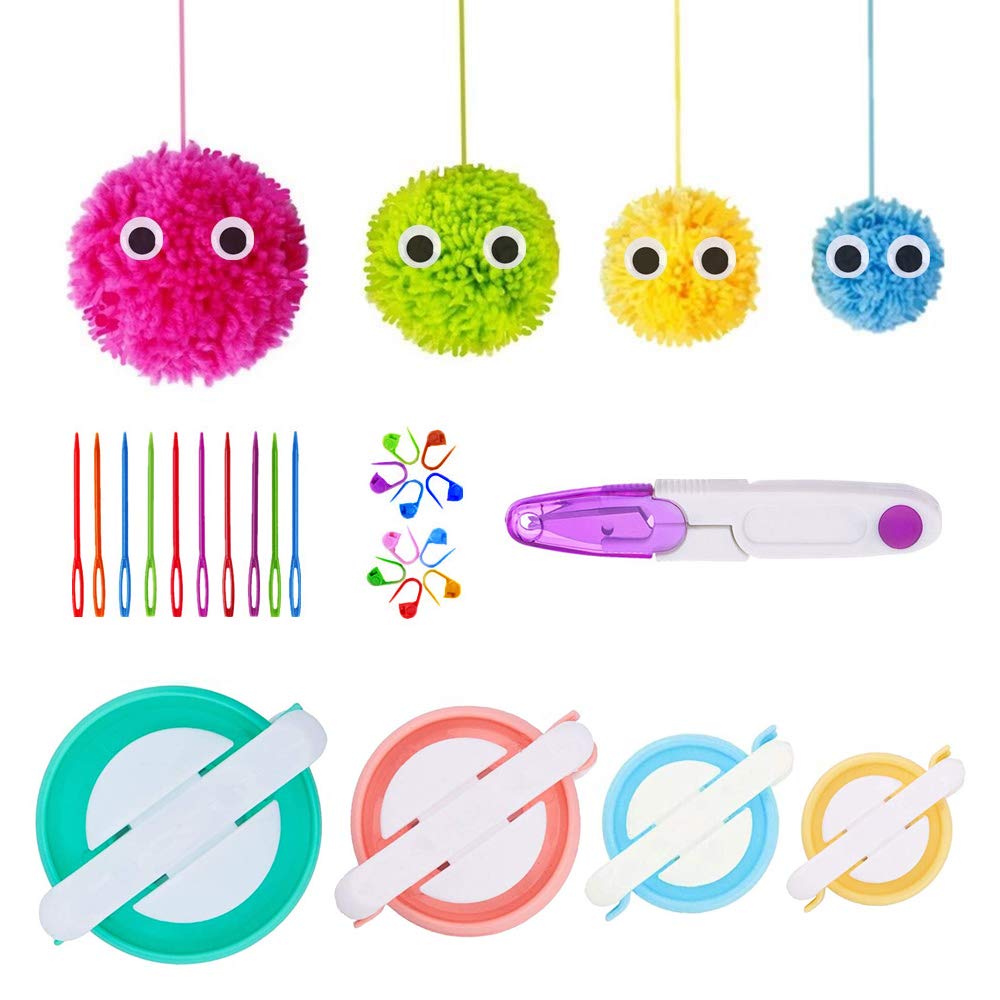 Pom Pom Maker komplekts ar 4 izmēriem, dzijas bumbu veidotājs ar marķieriem, adatām un šķērēm
