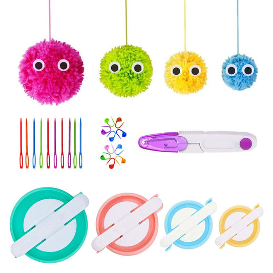 Pom Pom Maker komplekts ar 4 izmēriem, dzijas bumbu veidotājs ar marķieriem, adatām un šķērēm