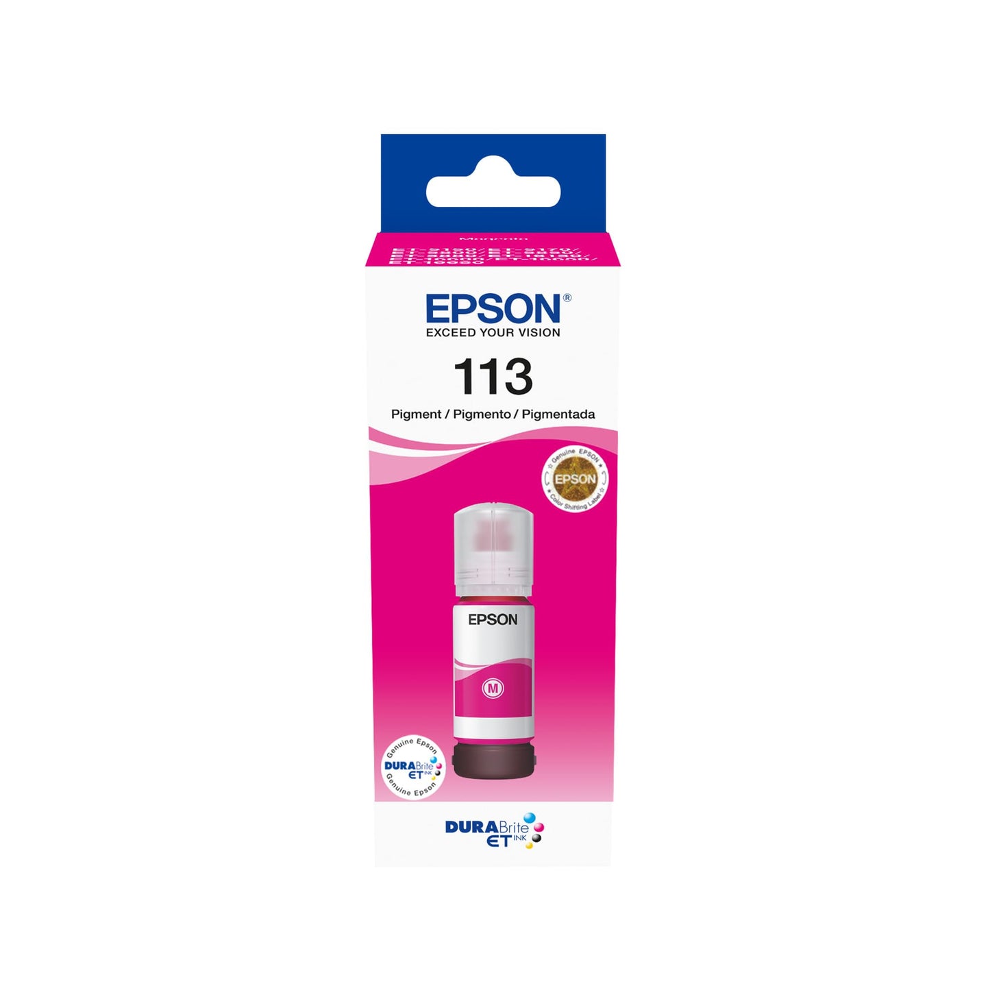 Epson EcoTank 113 - Magenta pigment ink bottle for high-quality printing and cost-effective refills.