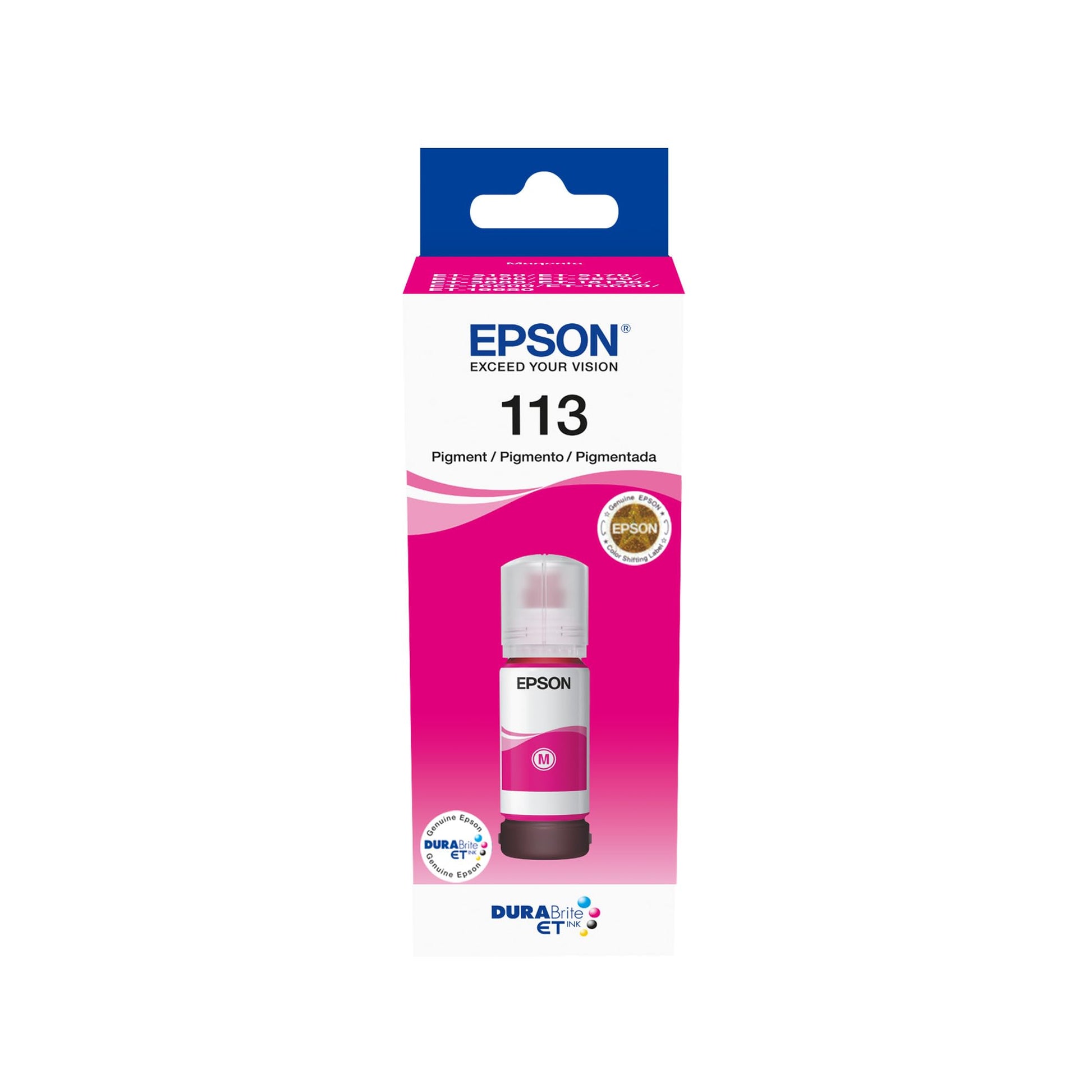 Epson EcoTank 113 - Magenta pigment ink bottle for high-quality printing and cost-effective refills.