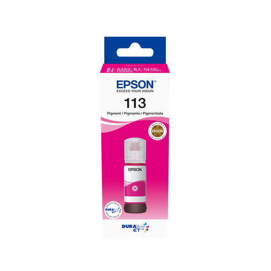 Epson EcoTank 113 - Magenta pigment ink bottle for high-quality printing and cost-effective refills.