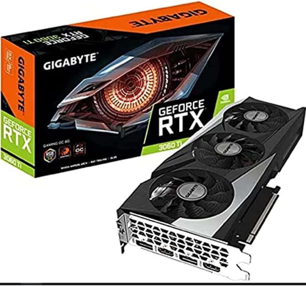 GIGABYTE GEFORCE RTX 3060Ti - 8GB GDDR6, ray tracing, AI-enhanced gaming performance, dual-fan cooling system.