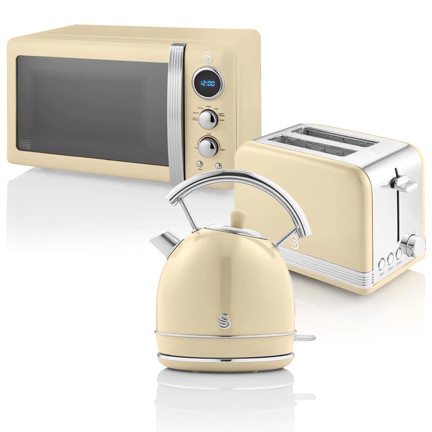 Retro brokastu komplekts Swan, tējkanna 1,8 L, 2 šķēļu platās atveres tosteris, 20L digitālā mikroviļņu krāsns, 6 jaudas līmeņi, taimeris, spoguļdurvis, vintage dizains, krēmkrāsa