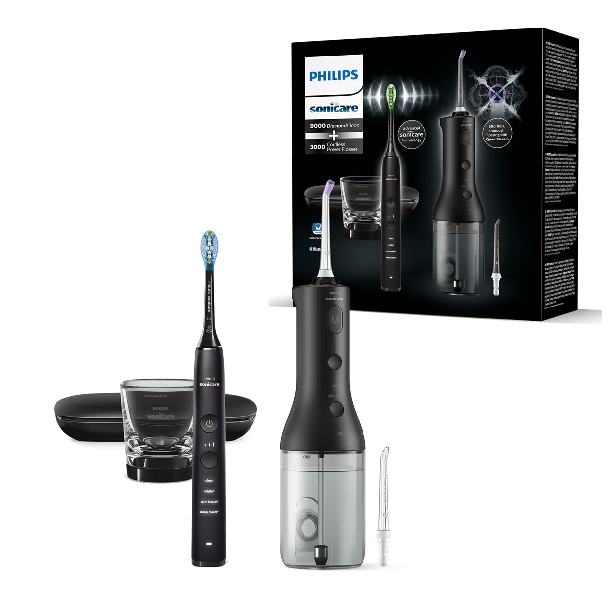 Philips Sonicare bezvadu Power Flosser mutes skalošanas ierīce un DiamondClean 9000 elektriskā zobu birste – Tīri zobi, tīra smaganu un aplikuma noņemšana, melna (modelis HX3886/43)